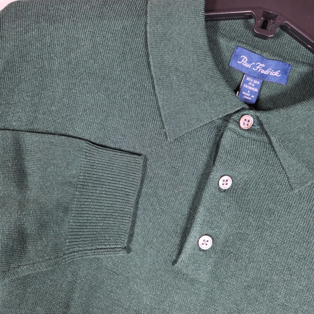 Paul Fredrick Silk Cashmere Polo Sweater Long Sleeve Knit Luxuryr Forest Green